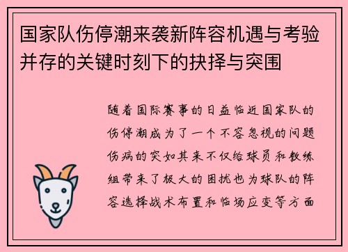 国家队伤停潮来袭新阵容机遇与考验并存的关键时刻下的抉择与突围 国家队伤停潮来袭新阵容机遇与考验并存的关键时刻下的抉择与突围