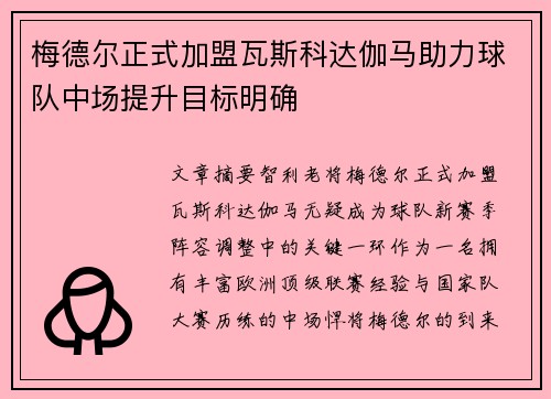 梅德尔正式加盟瓦斯科达伽马助力球队中场提升目标明确 梅德尔正式加盟瓦斯科达伽马助力球队中场提升目标明确