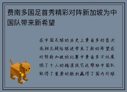 费南多国足首秀精彩对阵新加坡为中国队带来新希望
