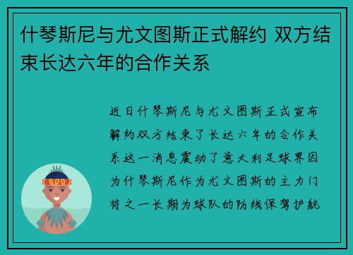 什琴斯尼与尤文图斯正式解约 双方结束长达六年的合作关系 什琴斯尼与尤文图斯正式解约 双方结束长达六年的合作关系